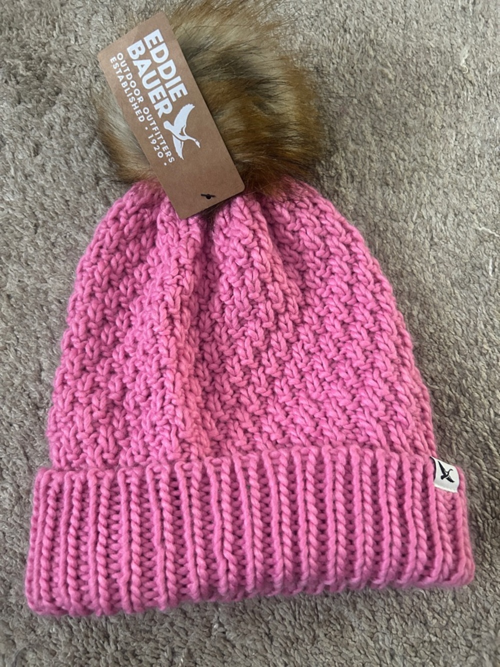 Eddie Bauer Kids Bubblegum Pink Knit Beanie with Faux Fur Pom